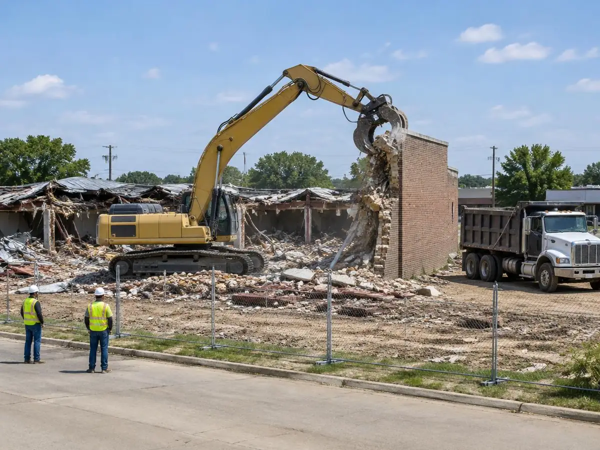 Demolition Contractor Farmers Branch: Commercial building teardown Excavator with a grapple taking down a brick commercial building in Farmers Branch