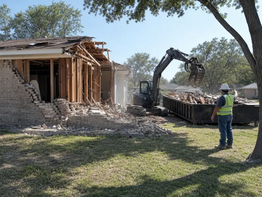 House Demolition Farmers Branch: Excavator and roll-off container Excavator taking down a brick house next to a roll-off container, with a crew member in a safety vest watching