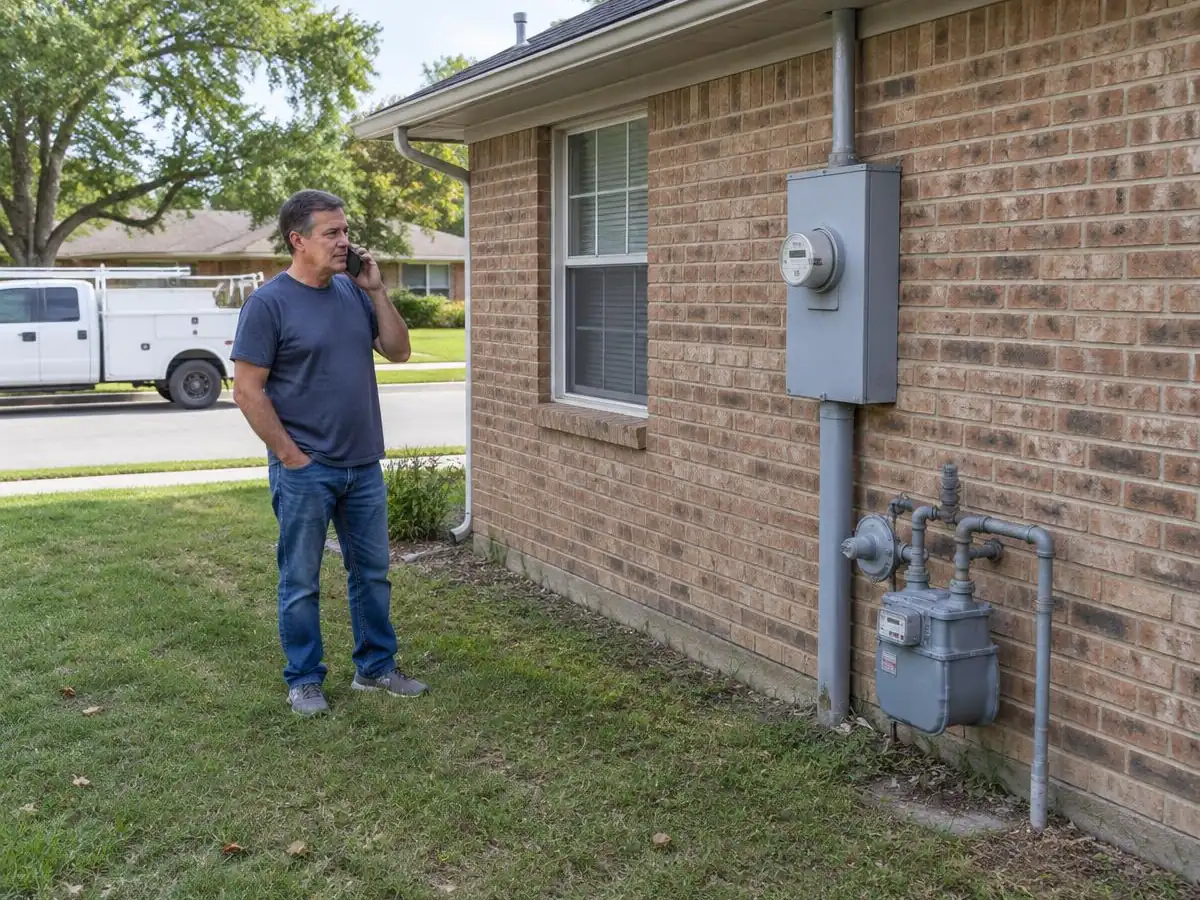 House Demolition Farmers Branch: Utility meters before demolition Homeowner on the phone beside the electric and gas meters of a house before demolition in Farmers Branch