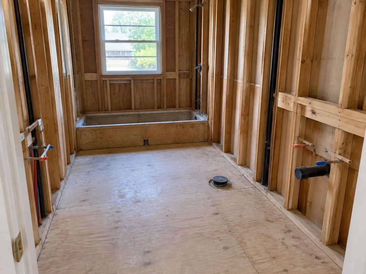 Interior Demolition Farmers Branch: Bathroom gutted to studs Bathroom gutted to the studs with the tub and toilet removed during an interior demolition in Farmers Branch