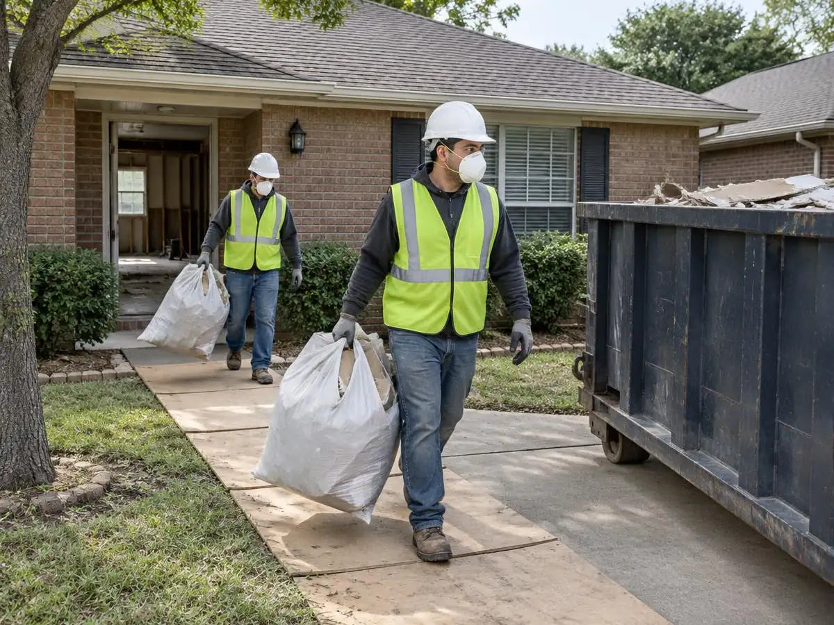 Interior Demolition Farmers Branch: Drywall debris haul-off Crew carrying drywall debris to a roll-off container during an interior demolition in Farmers Branch
