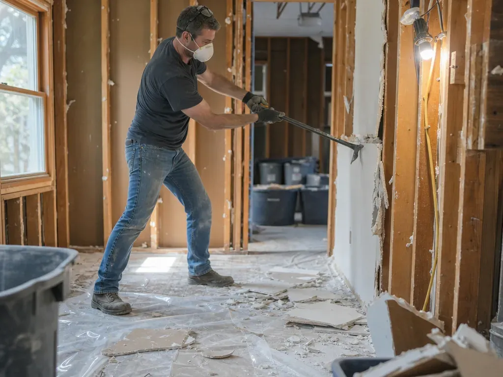 Worker in a dust mask tearing out drywall during an interior demolition, with the floor covered in plastic