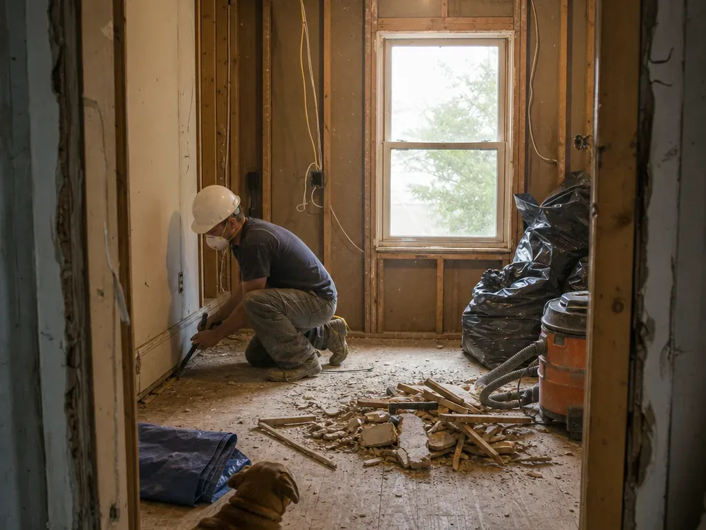Interior Demolition Farmers Branch: Worker stripping a room down to the studs Worker stripping a room down to the studs during an interior demolition, with debris bagged for haul-off