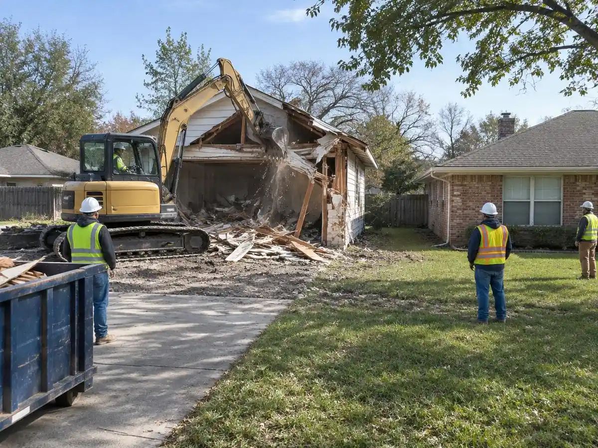 Residential Demolition Farmers Branch: Detached garage teardown Old detached garage coming down behind a brick ranch house in Farmers Branch while the house stays untouched