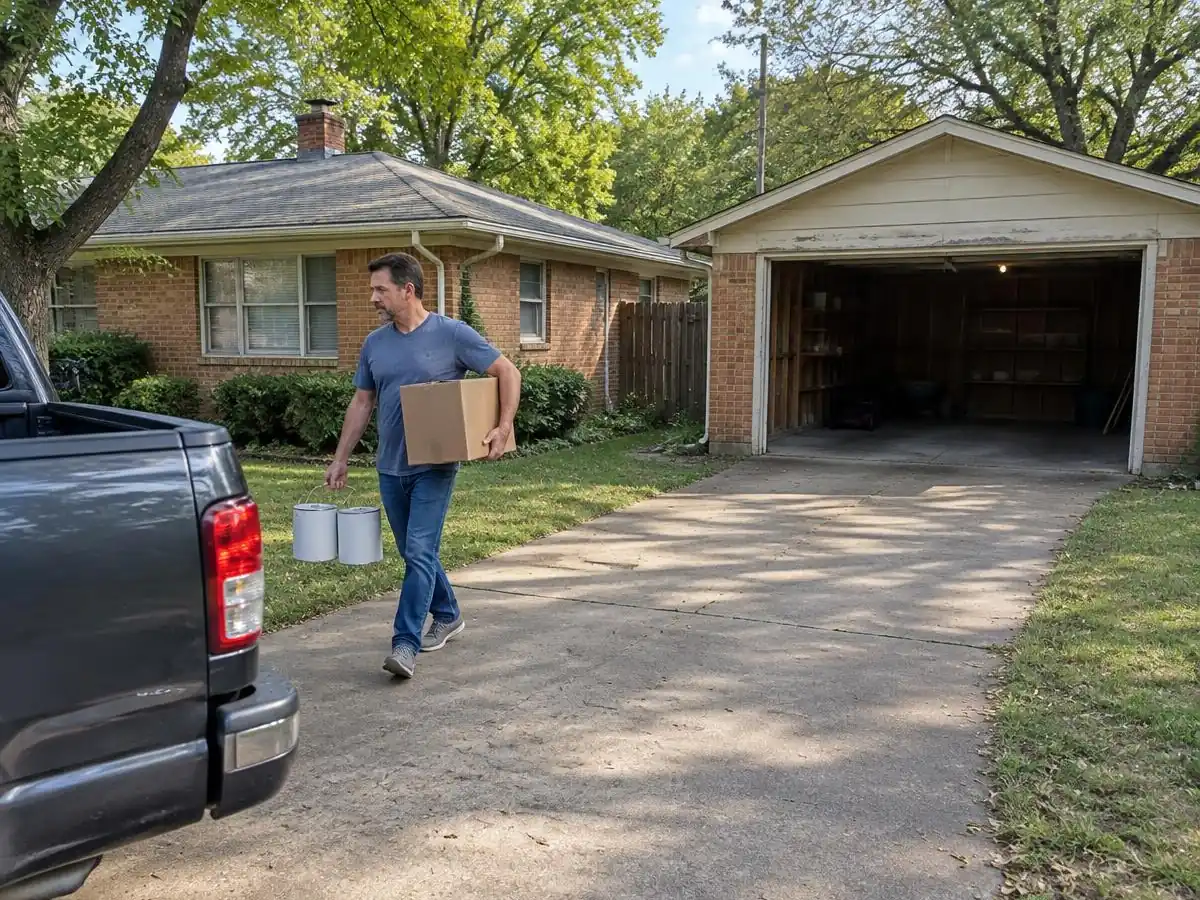 Residential Demolition Farmers Branch: Homeowner clearing a garage Homeowner clearing boxes and paint cans out of an old garage before demolition in Farmers Branch