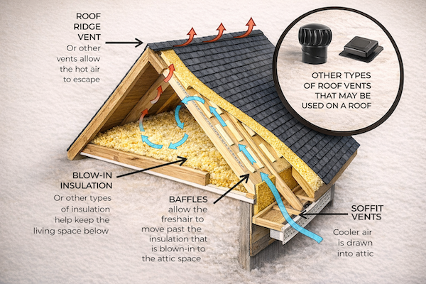 Cutaway diagram showing proper roof ventilation with ridge vents, soffit vents, baffles, and blow-in insulation in Farmers Branch, Dallas County, TX