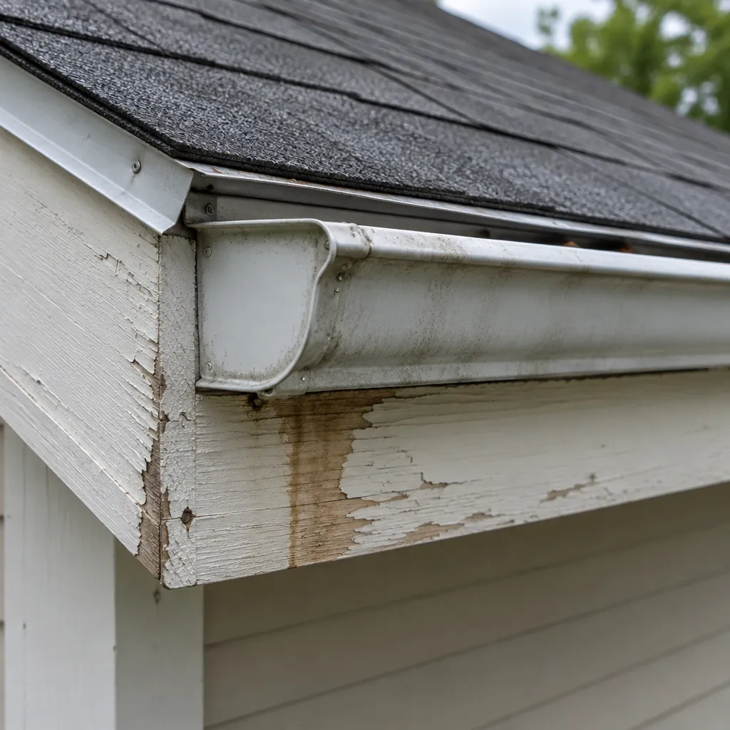 Water-stained fascia board behind a gutter on a Carrollton home