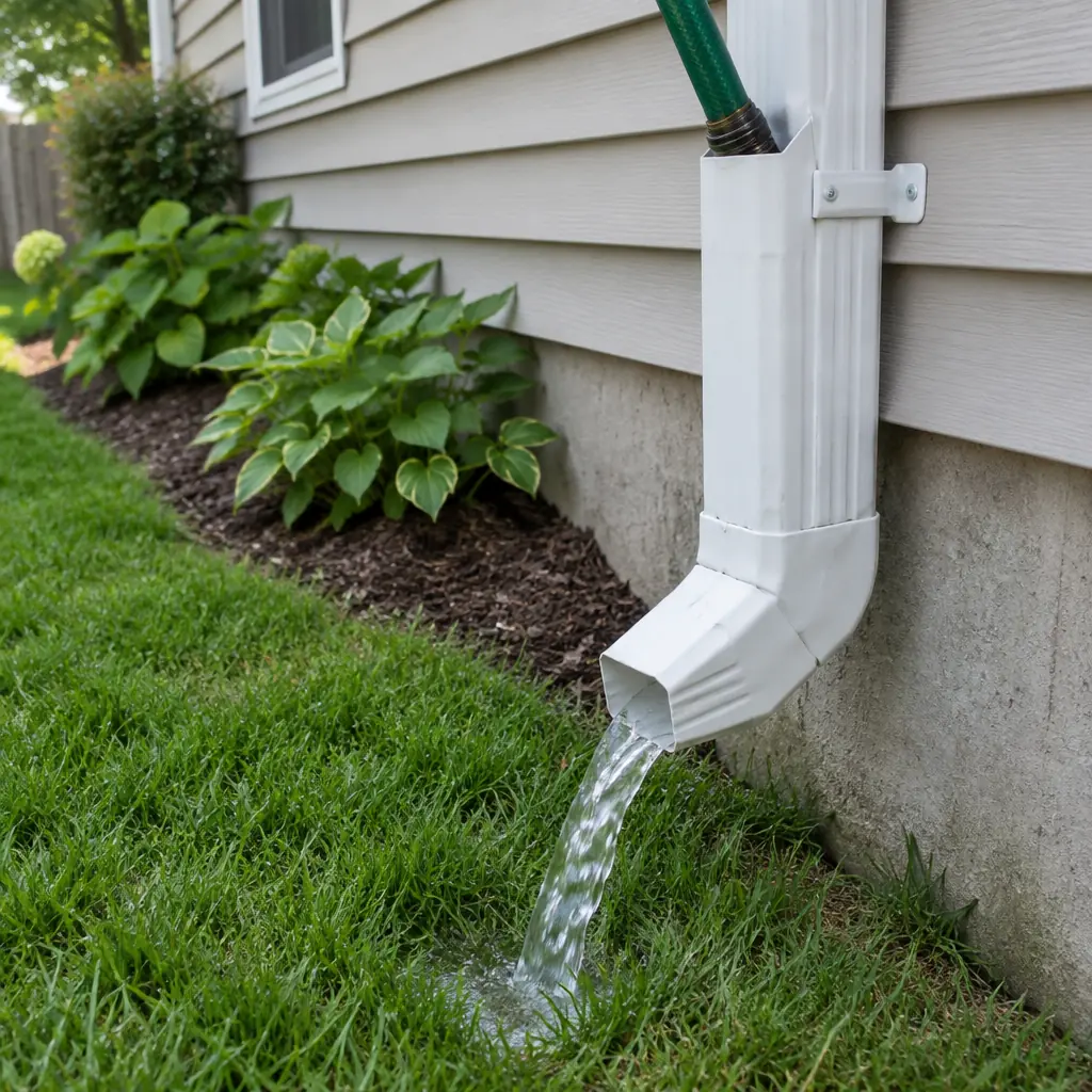 Downspout being flushed with a hose during a gutter cleaning in Farmers Branch