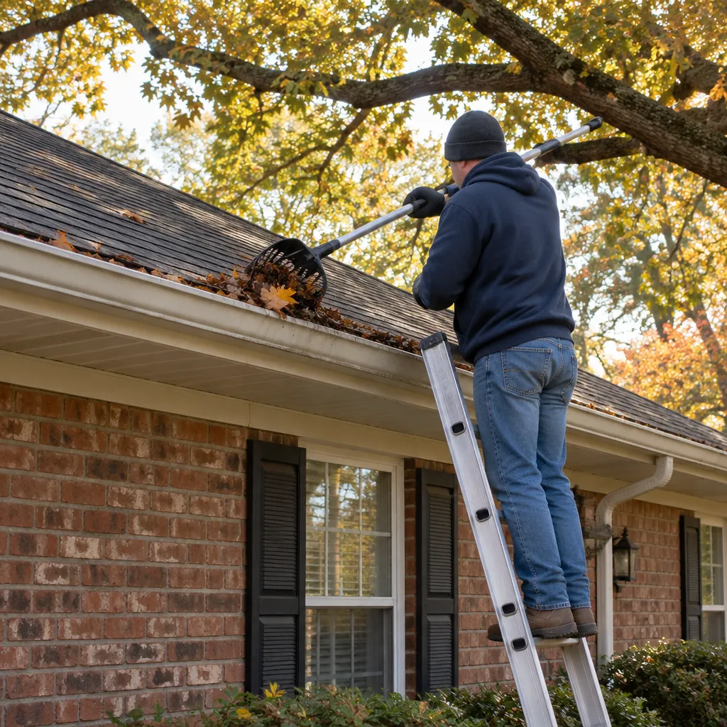 Worker clearing gutters on a brick home in Farmers Branch