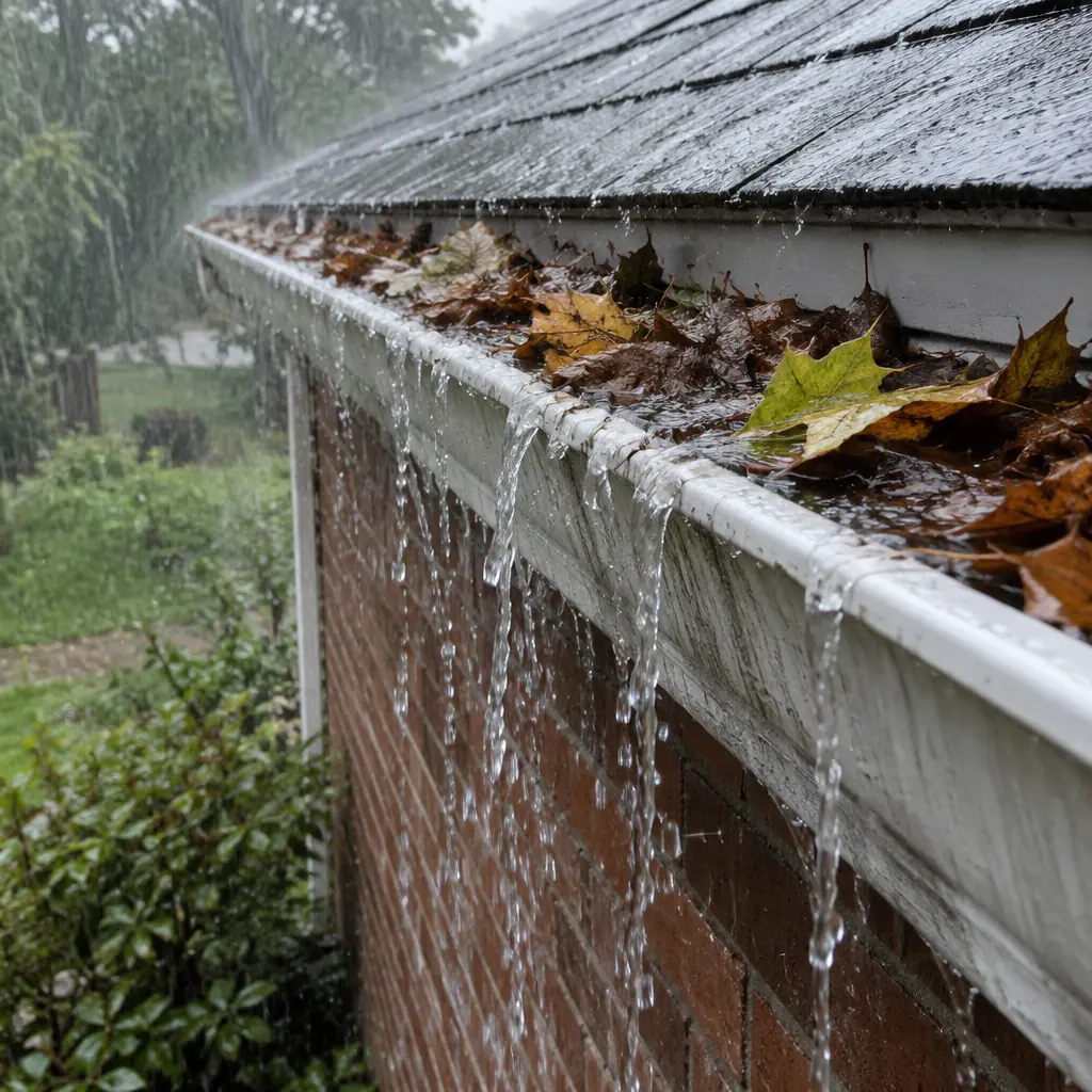 Clogged gutter overflowing during a rainstorm in Preston Hollow