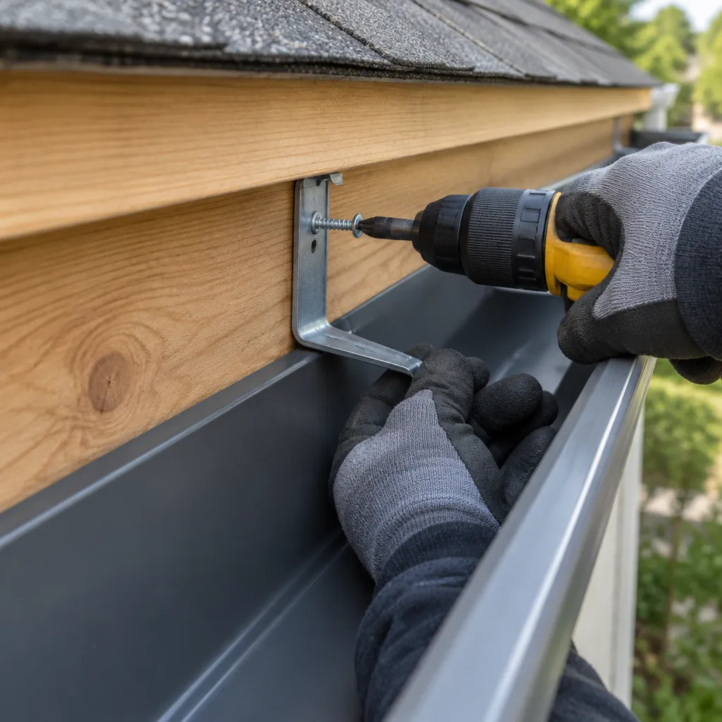 Hidden hanger screwed into solid fascia during a gutter installation in Carrollton