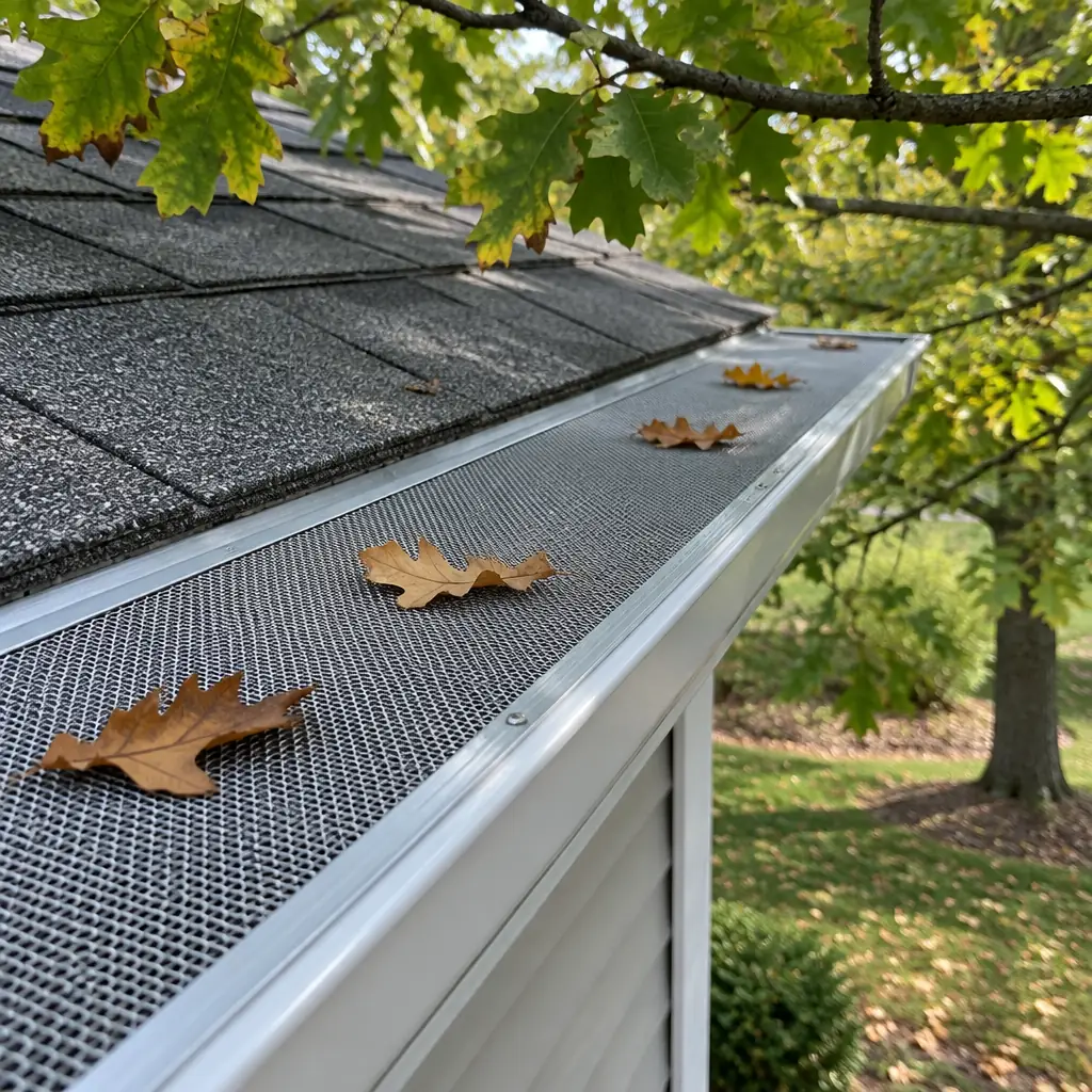 Micro-mesh gutter guard catching oak leaves on a Farmers Branch home