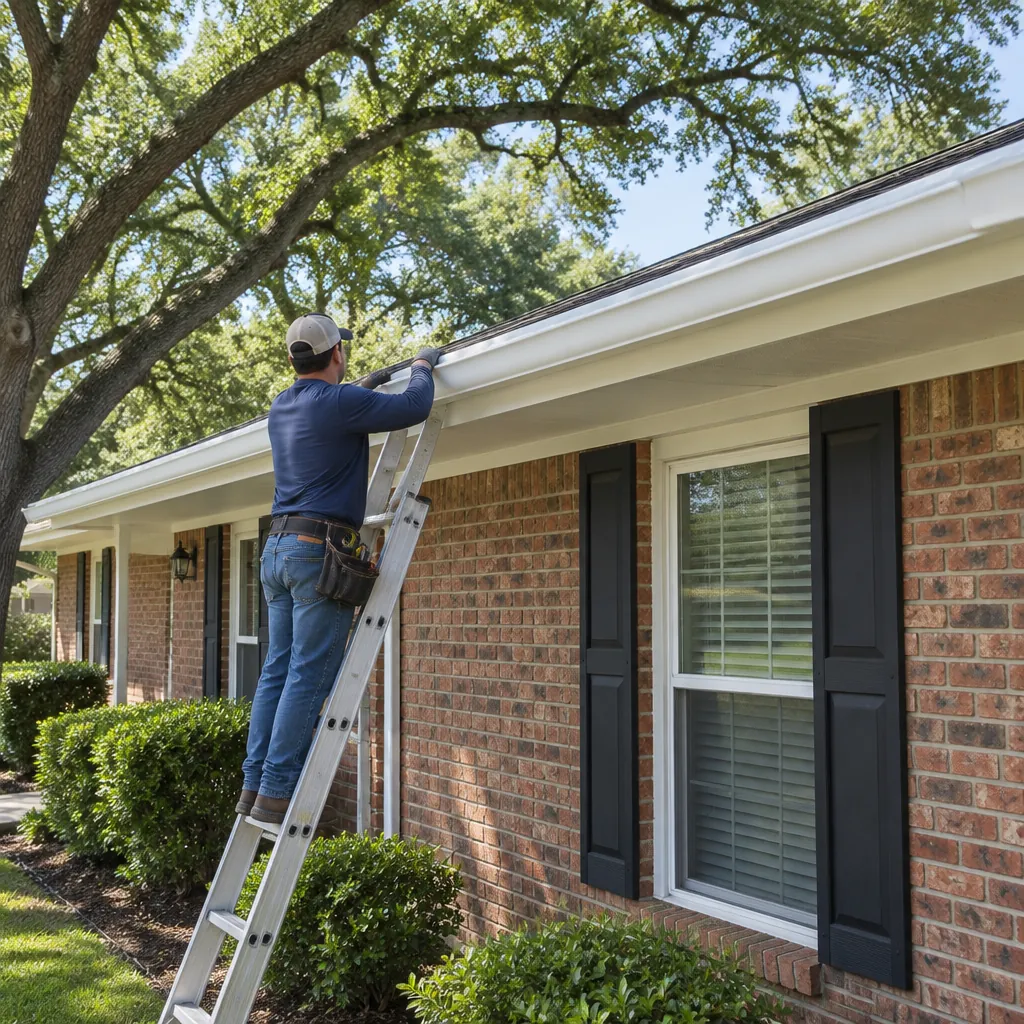 Installer fitting a new seamless gutter on a brick ranch home in Farmers Branch