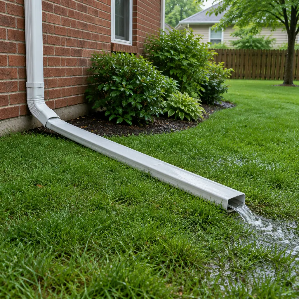 New downspout carrying rainwater away from a home's foundation in Preston Hollow