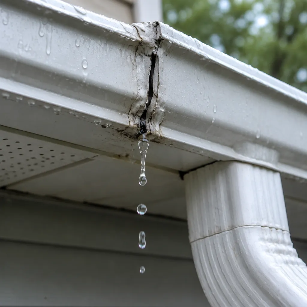 Water dripping from a leaking gutter seam on a Carrollton home