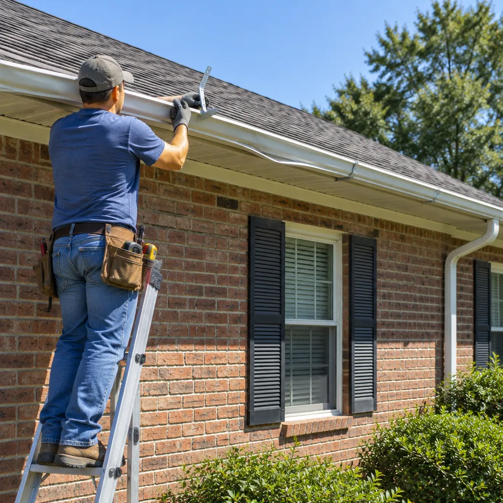 Worker resetting a sagging gutter on a brick home in Farmers Branch