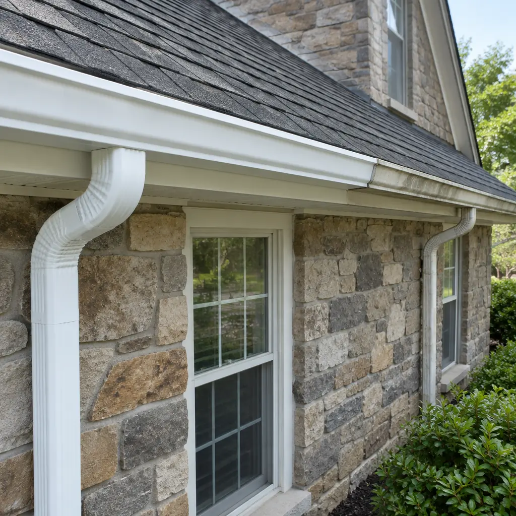 Newly replaced gutter section on a stone home in Farmers Branch