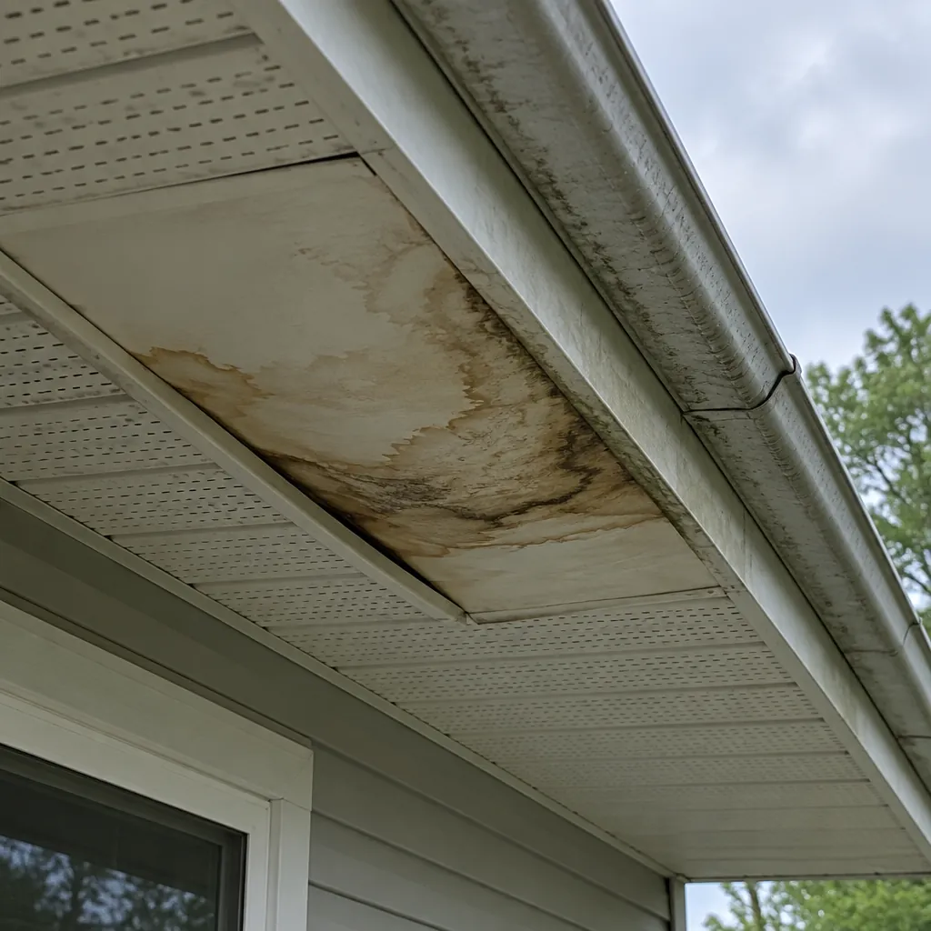 Water-stained soffit below a failing gutter in Preston Hollow