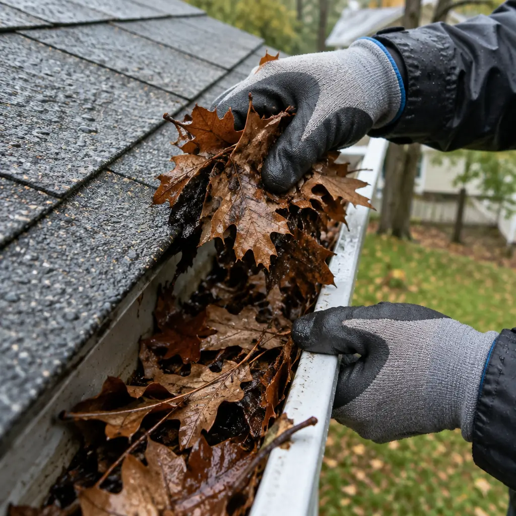 Wet leaves being cleared from a gutter in Carrollton