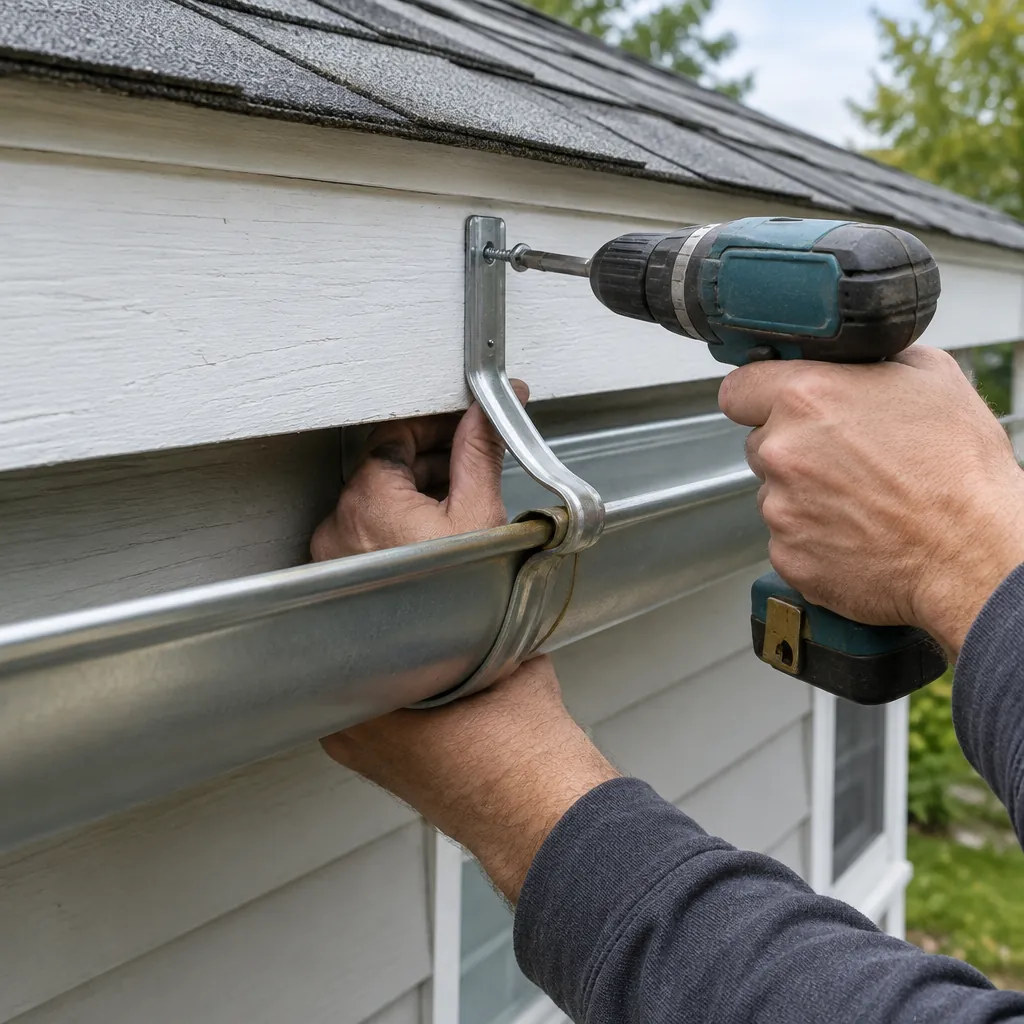 Sagging gutter being repaired with a new hanger in Farmers Branch