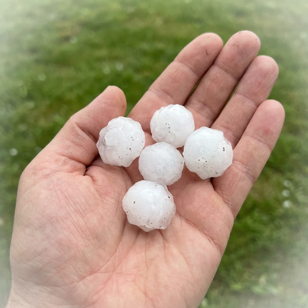 Large hailstones held in a hand after a severe hailstorm in Arlington, Tarrant County, TX