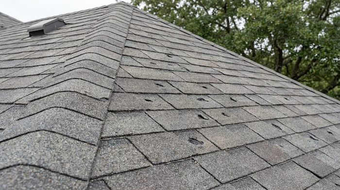 Close-up of hail-damaged asphalt shingles on a Dallas residential roof showing impact marks and granule loss