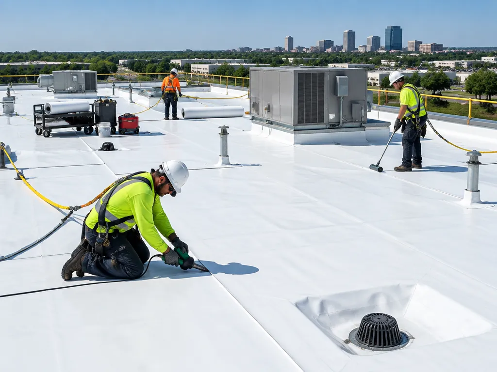 Commercial roofing crew installing a white TPO roof in Farmers Branch