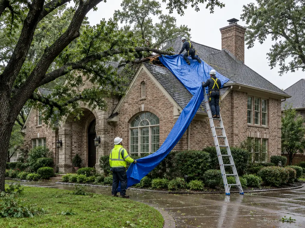 Emergency roof repair crew securing storm damage on a home in Preston Hollow, Dallas