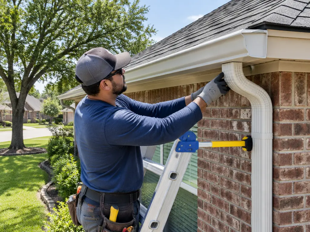 Gutter service professional fitting a seamless gutter and downspout in Carrollton