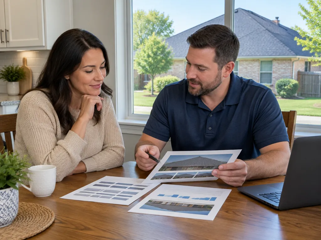 Homeowner reviewing roof financing options with a contractor in Farmers Branch