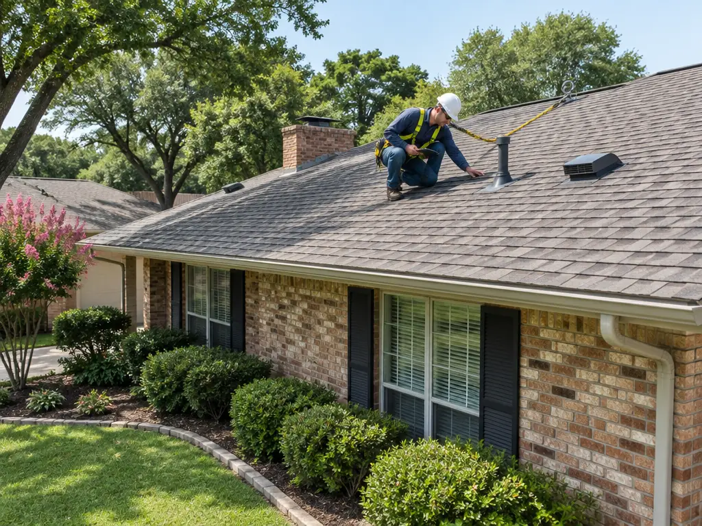 Roof inspector checking shingles and roof penetrations on a home in Farmers Branch