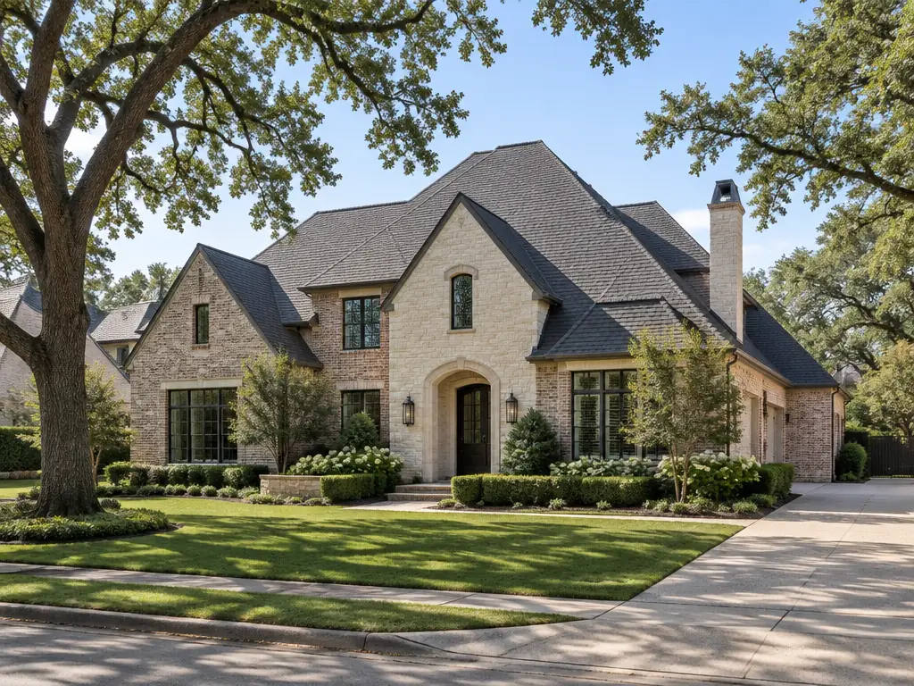 Finished residential roof on a large home with mature trees in Preston Hollow, Dallas