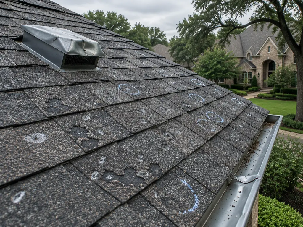 Hail bruises and granule loss marked on a shingle roof in Preston Hollow, Dallas