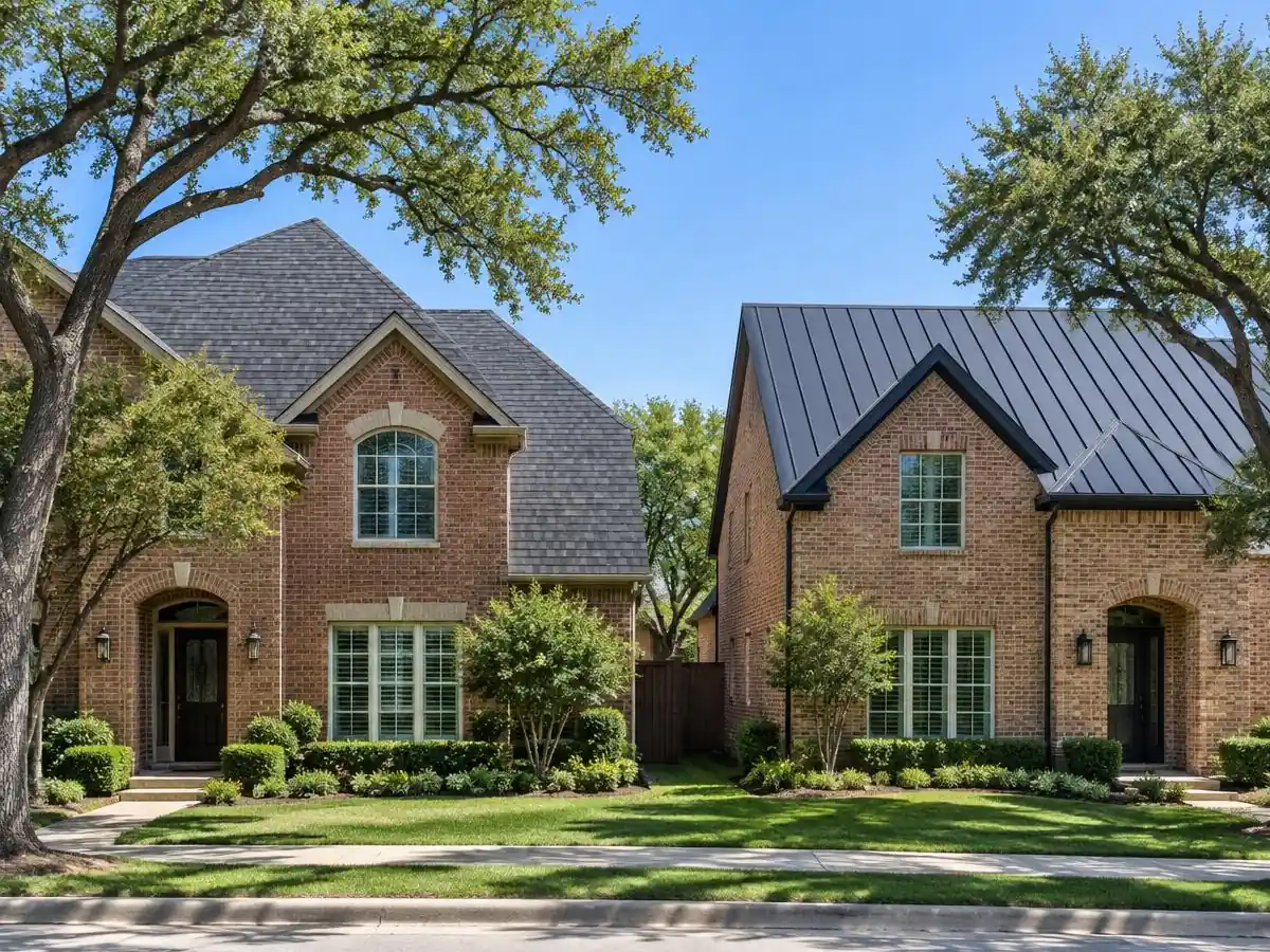 Architectural shingle and standing seam metal roofs side by side in Addison, TX
