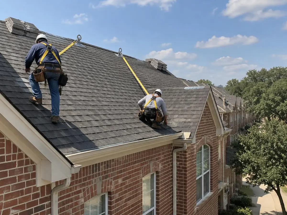 Roofers in safety gear re-roofing a townhome in Addison, TX
