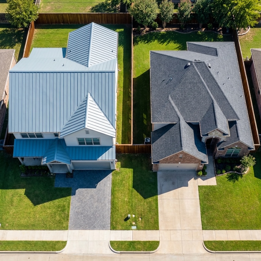 Aerial view comparing a standing seam metal roof and asphalt shingle roof on neighboring homes in Dallas, Dallas County, TX