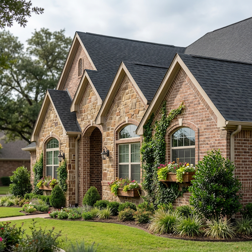 Brick and stone residential home with new dark asphalt shingle roof and landscaped front yard in Carrollton, Dallas County, TX