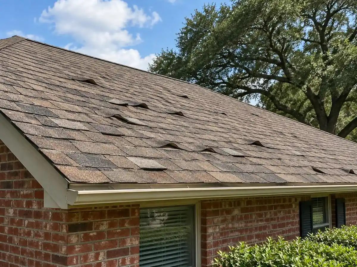 Curling shingles from attic heat on a ranch home in Farmers Branch, TX