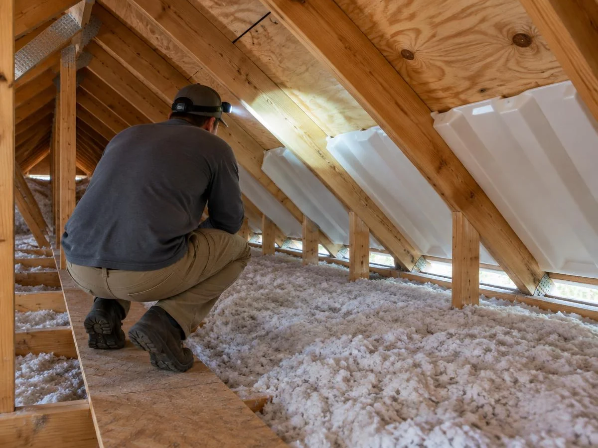 Roofer checking attic insulation and soffit airflow in a Farmers Branch, TX home