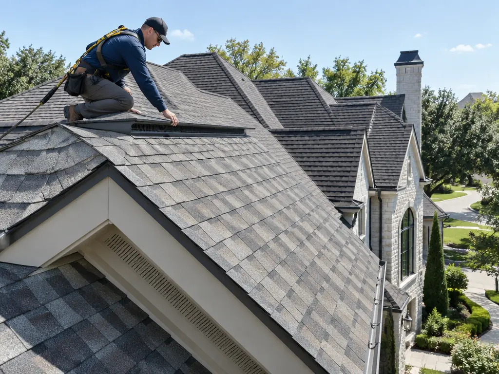 Roofer checking balanced ridge and soffit ventilation on a Preston Hollow home