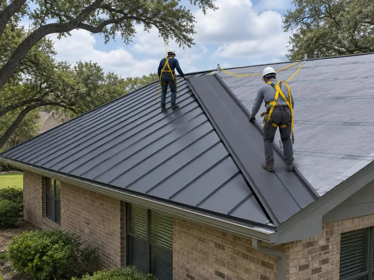 Roofers installing standing seam metal panels on a home in Farmers Branch, TX