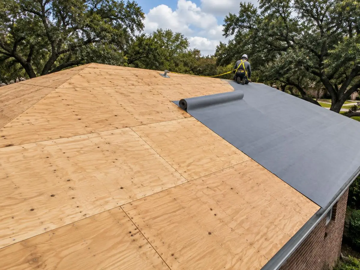 Roof torn off to the decking before a metal roof install in Farmers Branch, TX