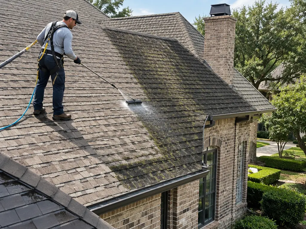 Roofer removing dark algae streaks from a shingle roof in Preston Hollow