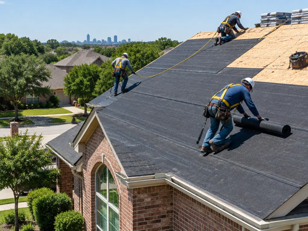 Crew installing roof underlayment over inspected decking during a roof installation in Farmers Branch