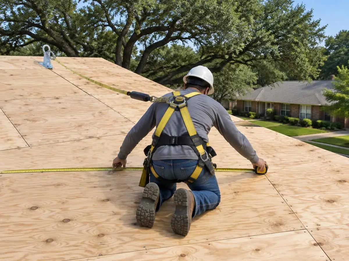 Roofer measuring roof decking to figure squares for a new roof in Farmers Branch, TX