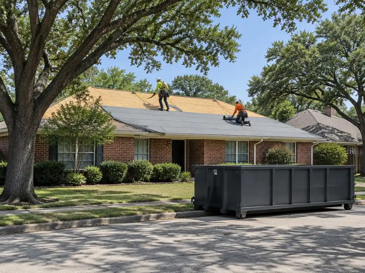 Roofing crew starting a new roof on a home in a Farmers Branch, TX neighborhood