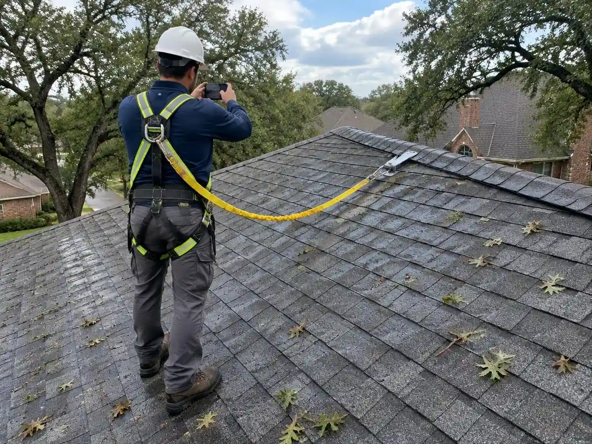 Roofer documenting roof condition after a storm in Farmers Branch, TX