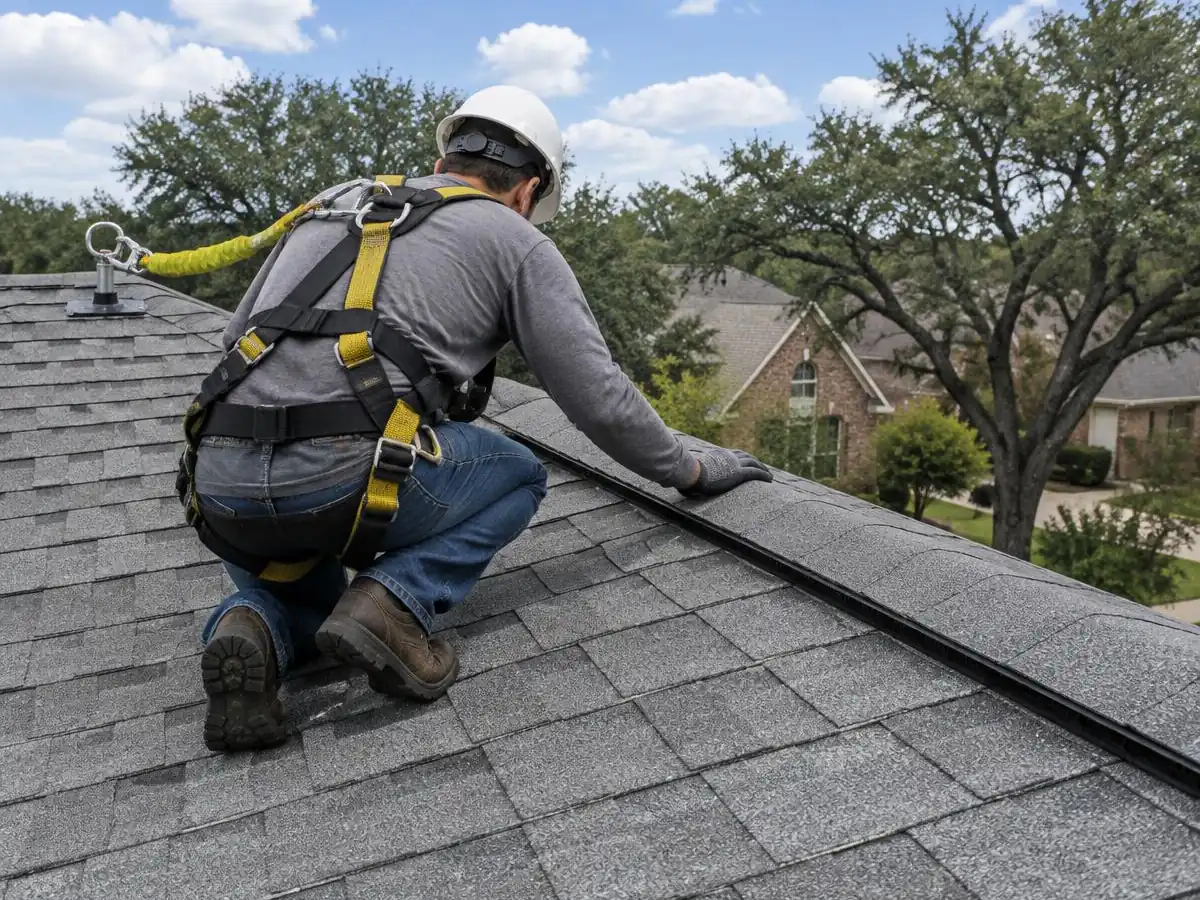 Roofer checking a ridge vent during roof maintenance in Farmers Branch, TX