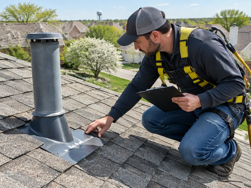 Roofer performing a seasonal shingle and flashing inspection in Carrollton