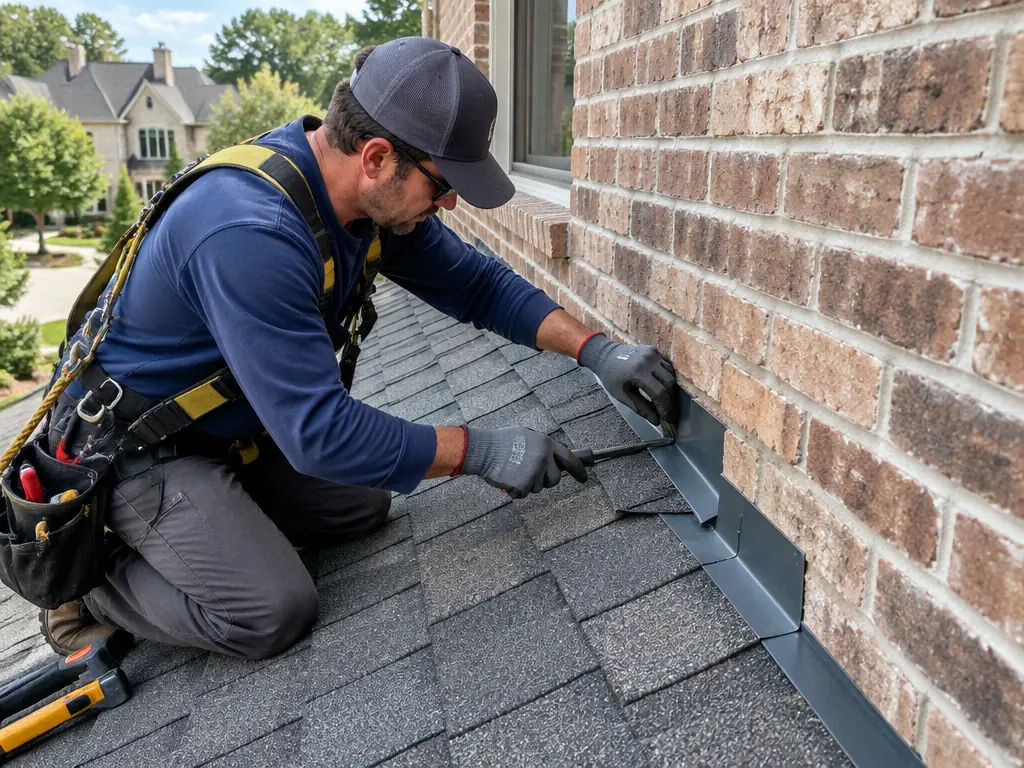 Roofer repairing loose wall flashing on a shingle roof in Preston Hollow